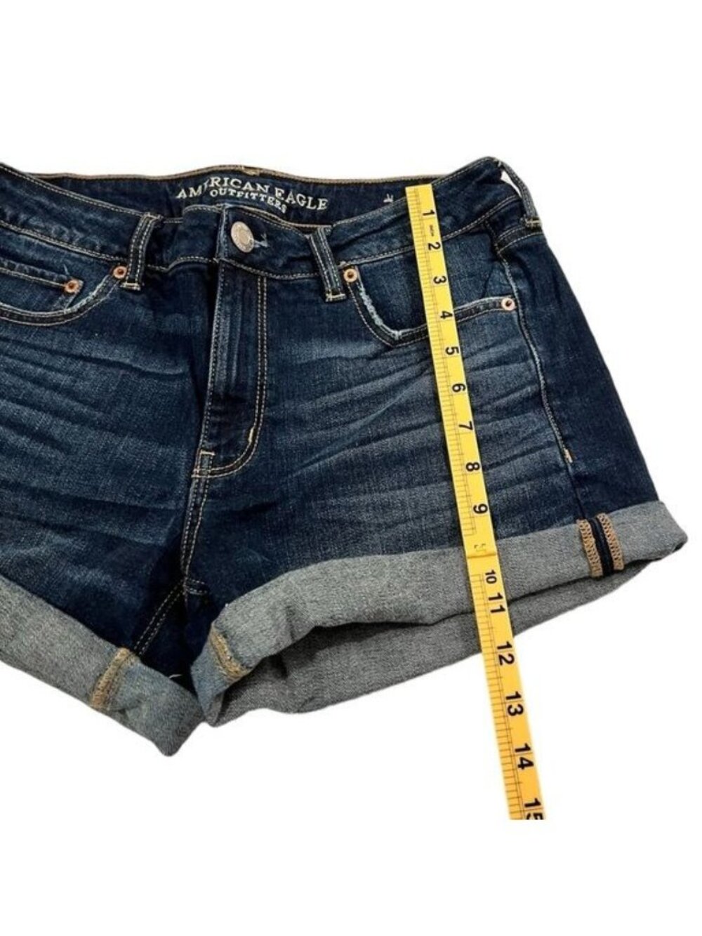 American Eagle Tomgirl Midi Size 8 Stretch Dark Medium Rinse Denim Shorts Cuffed - Picture 7 of 13